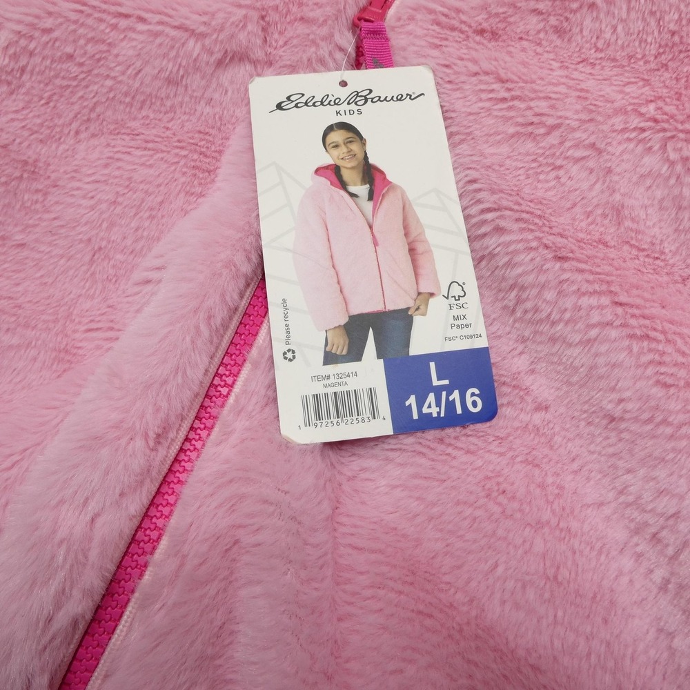 Eddie Bauer Kids Reversible Jacket Girls Large 14/16 Pink Hooded Puffer Fleece - Picture 6 of 9